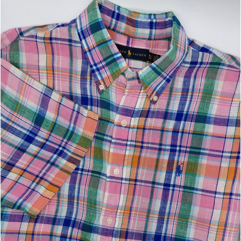 Ralph Lauren 100% Linen Plaid Shirt Men's XL Multi-Color Short Sleeve Coastal